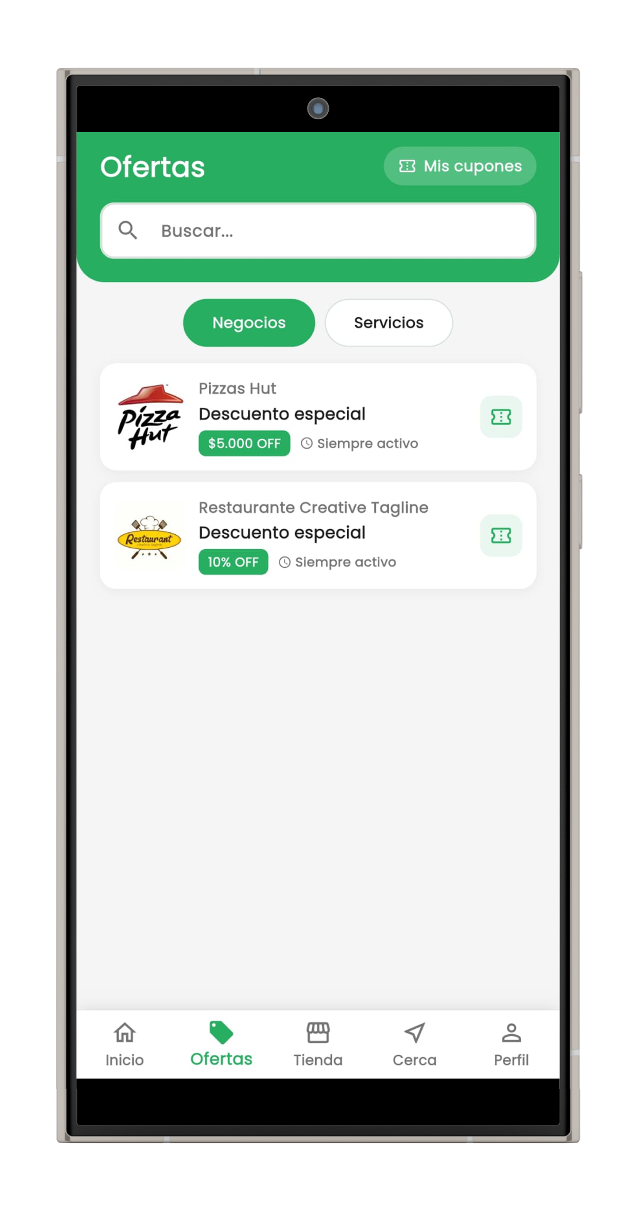 Pantalla de cupones y ofertas