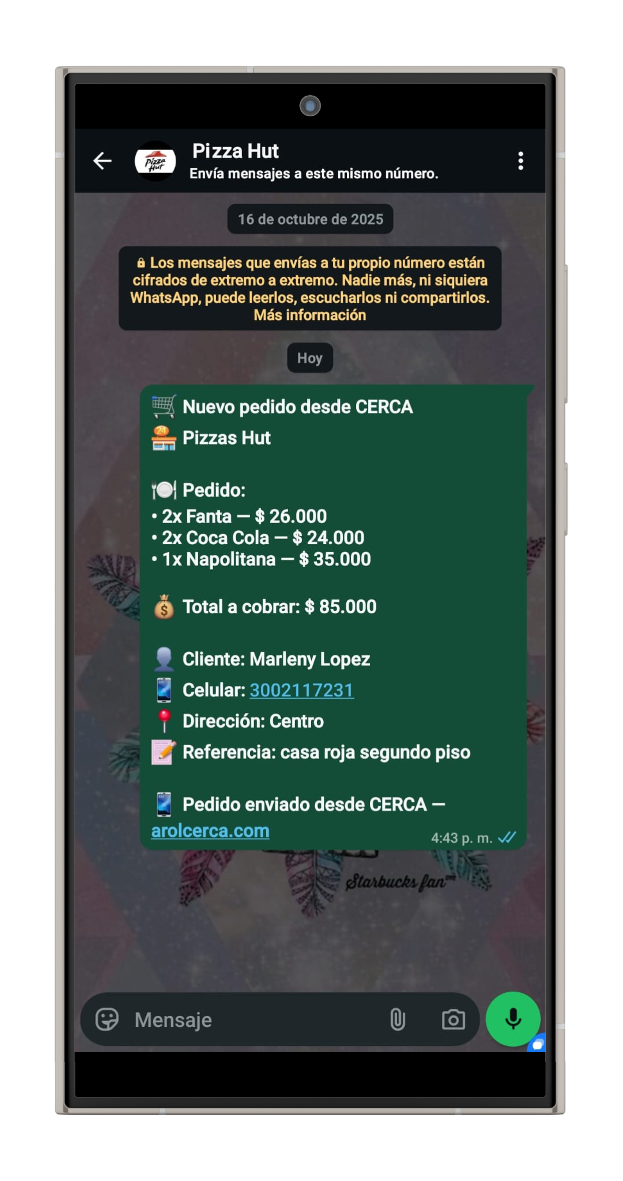 Recibes el pedido en WhatsApp