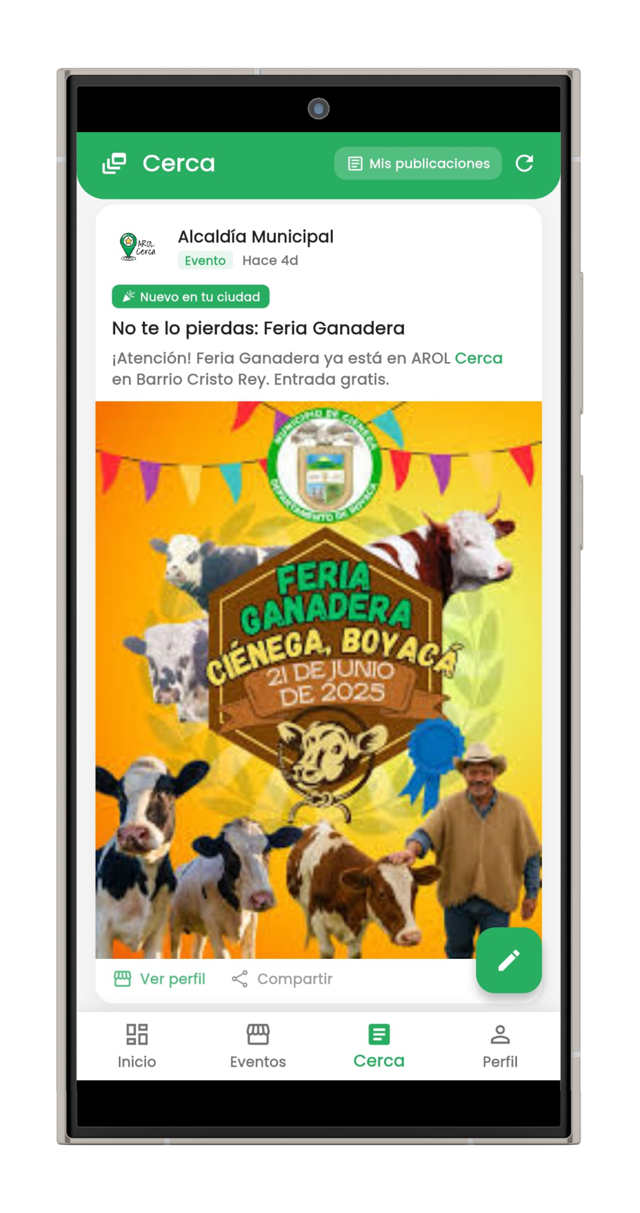 Pantalla de eventos en Cerca
